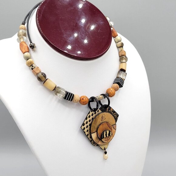 Suzanne Bellows Choker Collar Necklace Fiber Art Pendant Mixed Media Signed - Picture 4 of 7